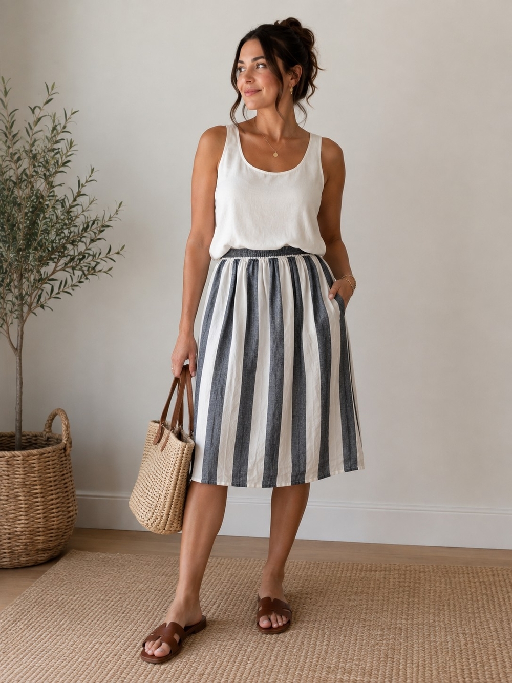 Catherine Malandrino 100% Linen Striped Midi Skirt Coastal